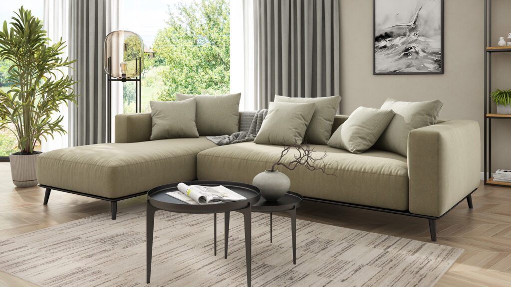 Sofa obita beżową tkaniną z kolekcji Nuvola