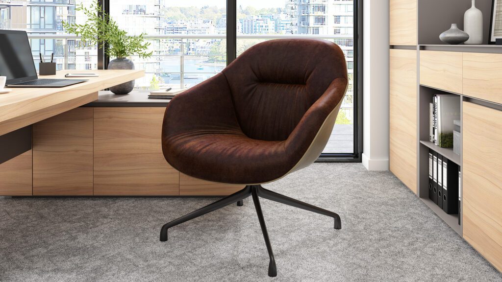 Brązowy fotel obity tkaniną beta w nowoczesnym biurze z drewnianą zabudową.