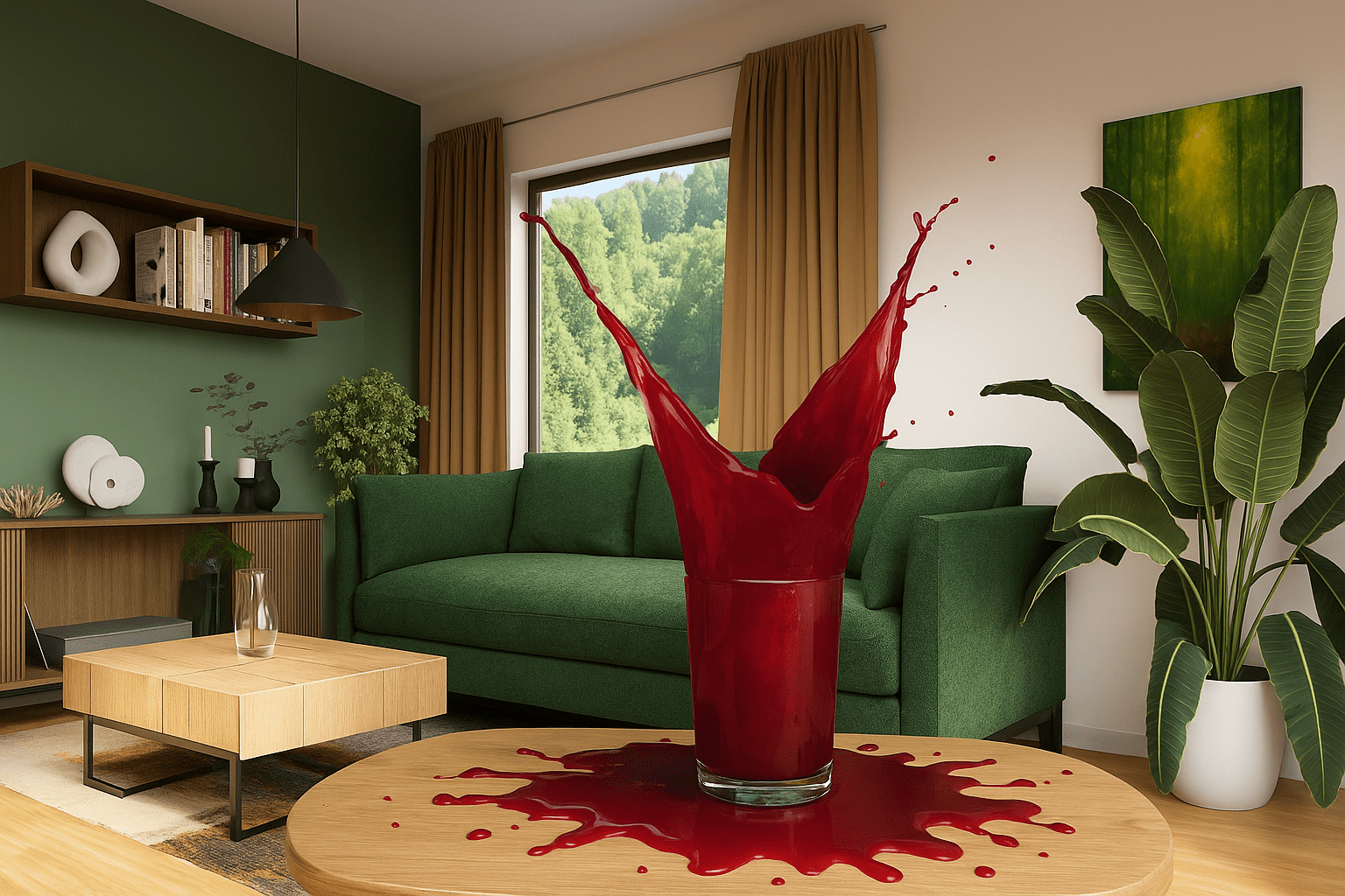 Czerwony sok wylewający się na stolik